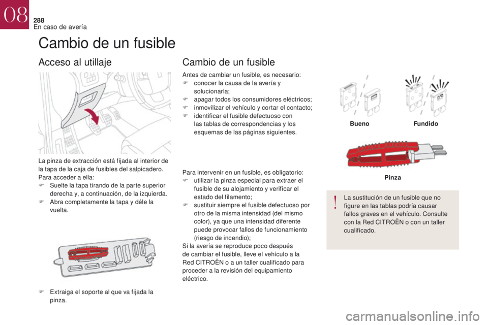 CITROEN DS4 2017  Manuales de Empleo (in Spanish) 288
DS4_es_Chap08_en-cas-de-panne_ed01-2016
Cambio de un fusible
La pinza de extracción está fijada al interior de 
la tapa de la caja de fusibles del salpicadero.
Para acceder a ella:
F 
S
 uelte l
