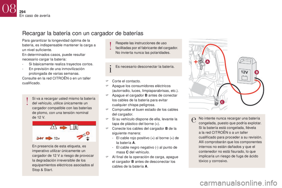 CITROEN DS4 2017  Manuales de Empleo (in Spanish) 294
DS4_es_Chap08_en-cas-de-panne_ed01-2016
Si va a recargar usted mismo la batería 
del vehículo, utilice únicamente un 
cargador compatible con las baterías 
de plomo, con una tensión nominal  