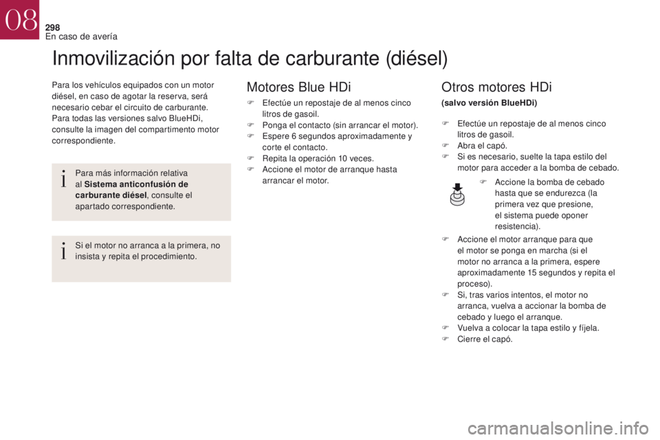 CITROEN DS4 2017 Manuales de Empleo (in Spanish) 298
DS4_es_Chap08_en-cas-de-panne_ed01-2016
Inmovilización por falta de carburante (diésel)
Para los vehículos equipados con un motor
diésel, en caso de agotar la reserva, será
necesario cebar CITROEN DS4 2017 Manuales de Empleo (in Spanish) 298
DS4_es_Chap08_en-cas-de-panne_ed01-2016
Inmovilización por falta de carburante (diésel)
Para los vehículos equipados con un motor
diésel, en caso de agotar la reserva, será
necesario cebar