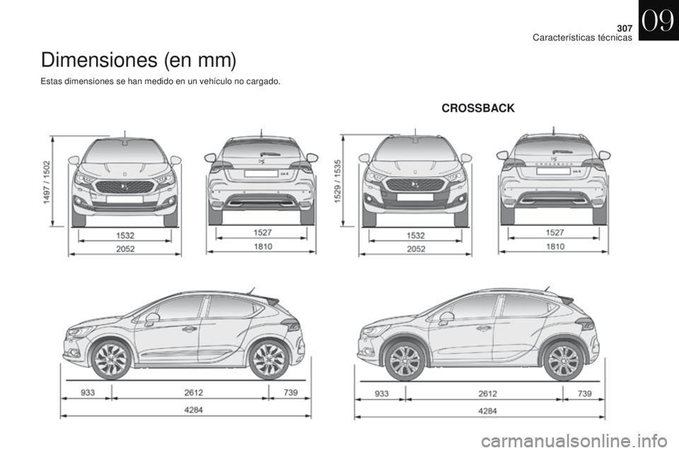 CITROEN DS4 2017  Manuales de Empleo (in Spanish) 307
DS4_es_Chap09_caracteristiques_ed01-2016
Dimensiones (en mm)
Estas dimensiones se han medido en un vehículo no cargado.
CROSSBACK
09 
Características técnicas  