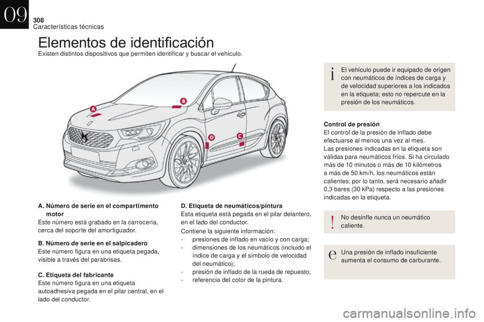 CITROEN DS4 2017  Manuales de Empleo (in Spanish) 308
DS4_es_Chap09_caracteristiques_ed01-2016
Elementos de identificaciónExisten distintos dispositivos que permiten identificar y buscar el vehículo.
A.  
N
 úmero de serie en el compar timento 
mo