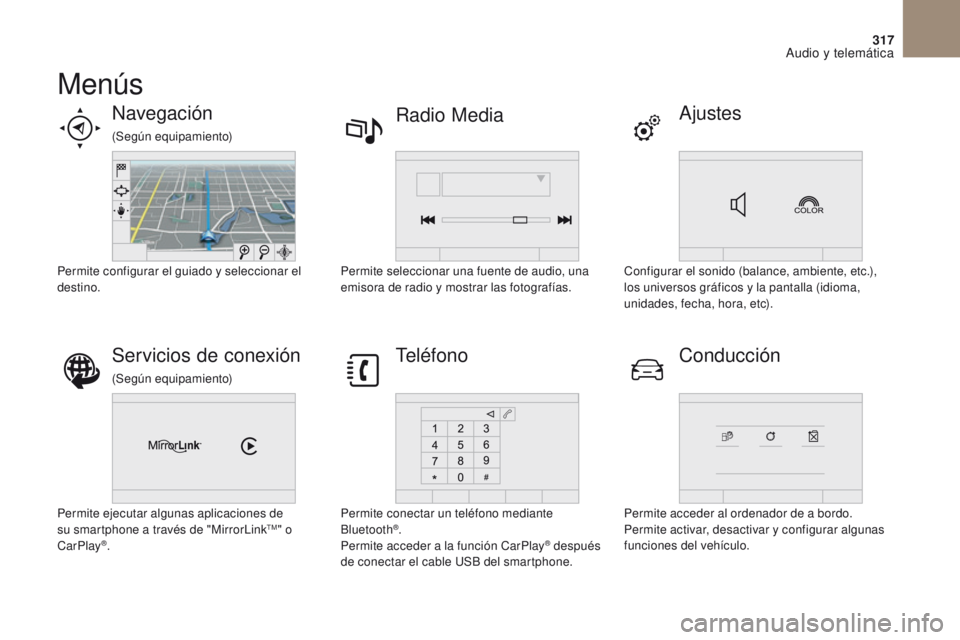CITROEN DS4 2017  Manuales de Empleo (in Spanish) 317
DS4_es_Chap10b_SMEGplus_ed01-2016
Menús
Ajustes
Radio Media
Navegación
Conducción
Servicios de conexión Teléfono
Configurar el sonido (balance, ambiente, etc.), 
los universos gráficos y la 