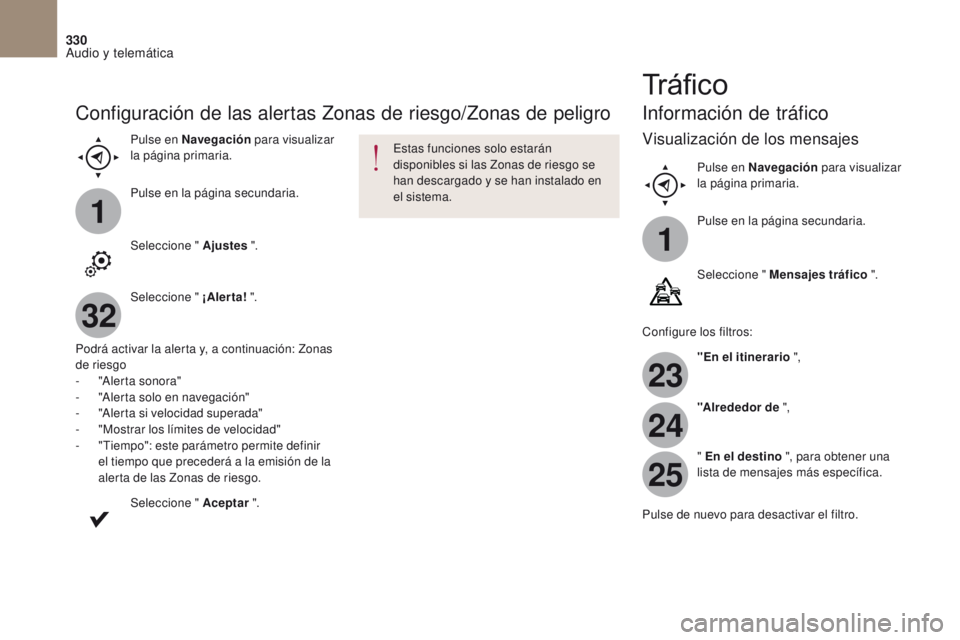 CITROEN DS4 2017  Manuales de Empleo (in Spanish) 1
1
23
24
25
32
330
DS4_es_Chap10b_SMEGplus_ed01-2016
Configuración de las alertas Zonas de riesgo/Zonas de peligro
Pulse en Navegación para visualizar 
la página primaria.
Pulse en la página secu