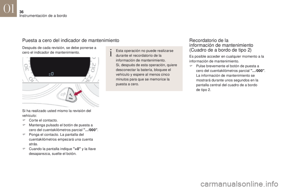 CITROEN DS4 2017 Manuales de Empleo (in Spanish) 36
DS4_es_Chap01_instruments-de-bord_ed01-2016
Si ha realizado usted mismo la revisión del
vehículo:
F
C
orte el contacto.
F
M
antenga pulsado el botón de puesta a
cero del cuentakilómetros CITROEN DS4 2017 Manuales de Empleo (in Spanish) 36
DS4_es_Chap01_instruments-de-bord_ed01-2016
Si ha realizado usted mismo la revisión del
vehículo:
F
C
orte el contacto.
F
M
antenga pulsado el botón de puesta a
cero del cuentakilómetros