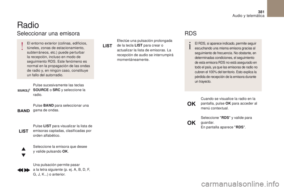 CITROEN DS4 2017 Manuales de Empleo (in Spanish) 381
Audio y telemática
DS4_es_Chap10c_RD5_ed01-2016
Efectúe una pulsación prolongada
de la tecla LIST para crear o
actualizar la lista de emisoras. La
recepción de audio se interrumpirá
mome CITROEN DS4 2017 Manuales de Empleo (in Spanish) 381
Audio y telemática
DS4_es_Chap10c_RD5_ed01-2016
Efectúe una pulsación prolongada
de la tecla LIST para crear o
actualizar la lista de emisoras. La
recepción de audio se interrumpirá
mome