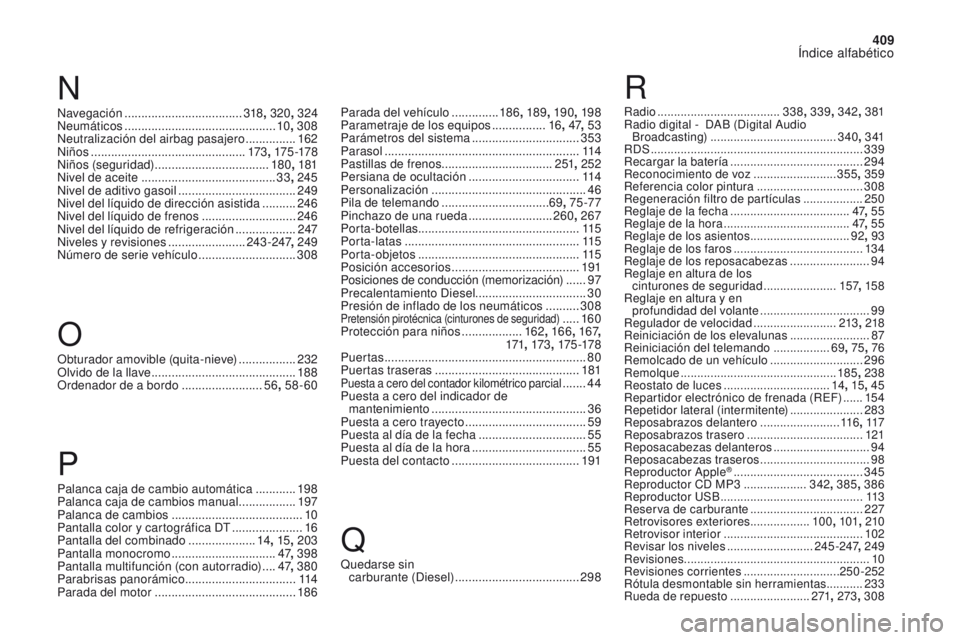 CITROEN DS4 2017 Manuales de Empleo (in Spanish) 409
Índice alfabético
DS4_es_Chap11_index-alpha_ed01-2016
Navegación ................................... 318, 320 , 324
Neumáticos ............................................. 10,
308
Neutraliz CITROEN DS4 2017 Manuales de Empleo (in Spanish) 409
Índice alfabético
DS4_es_Chap11_index-alpha_ed01-2016
Navegación ................................... 318, 320 , 324
Neumáticos ............................................. 10,
308
Neutraliz