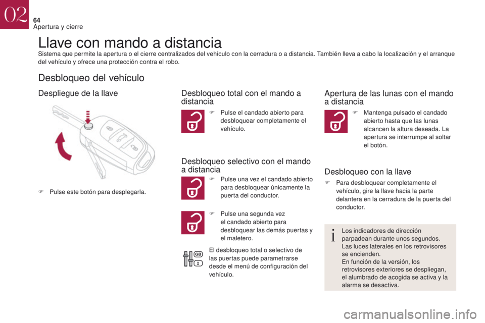 CITROEN DS4 2017 Manuales de Empleo (in Spanish) 64
DS4_es_Chap02_ouvertures_ed01-2016
Llave con mando a distanciaSistema que permite la apertura o el cierre centralizados del vehículo con la cerradura o a distancia. También lleva a cabo la locali CITROEN DS4 2017 Manuales de Empleo (in Spanish) 64
DS4_es_Chap02_ouvertures_ed01-2016
Llave con mando a distanciaSistema que permite la apertura o el cierre centralizados del vehículo con la cerradura o a distancia. También lleva a cabo la locali