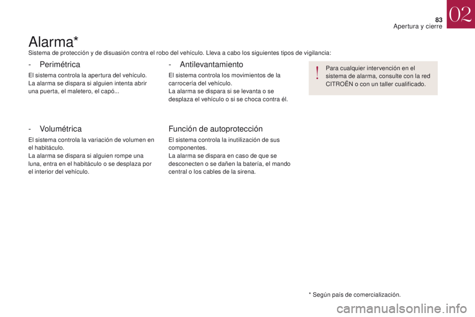 CITROEN DS4 2017 Manuales de Empleo (in Spanish) 83
DS4_es_Chap02_ouvertures_ed01-2016
Alarma*Sistema de protección y de disuasión contra el robo del vehículo. Lleva a cabo los siguientes tipos de vigilancia:
- Perimétrica
El sistema controla la CITROEN DS4 2017 Manuales de Empleo (in Spanish) 83
DS4_es_Chap02_ouvertures_ed01-2016
Alarma*Sistema de protección y de disuasión contra el robo del vehículo. Lleva a cabo los siguientes tipos de vigilancia:
- Perimétrica
El sistema controla la