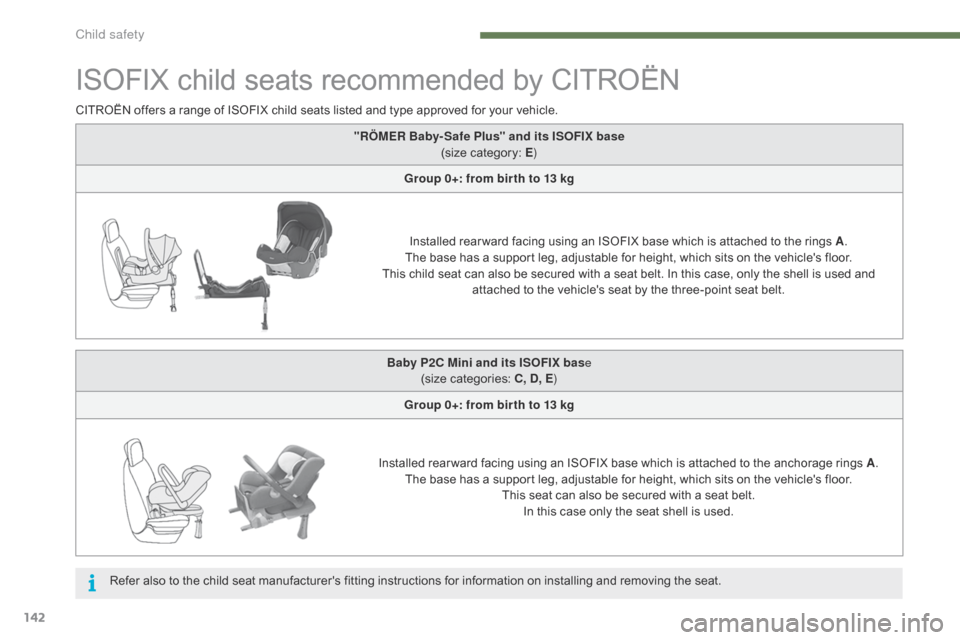 Citroen C4 2014.5 2.G Owners Manual 142
ISOFIX child seats recommended by CITROËN
CITROËN offers a range of ISOFIX child seats listed and type approved for your vehicle.
R efer   also   to   the   child   seat 