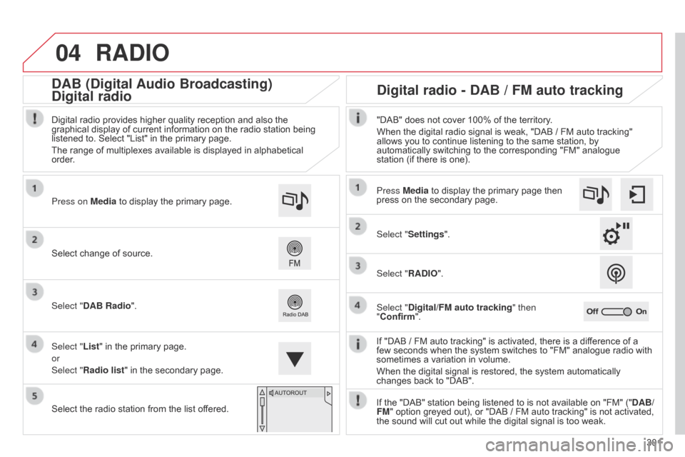 Citroen C4 2014.5 2.G Owners Manual 04
301
RADIO
If "DAB / FM auto tracking" is activated, there is a difference of a few seconds when the system switches to "FM" analogue radio with
sometim Citroen C4 2014.5 2.G Owners Manual 04
301
RADIO
If "DAB / FM auto tracking" is activated, there is a difference of a few seconds when the system switches to "FM" analogue radio with
sometim