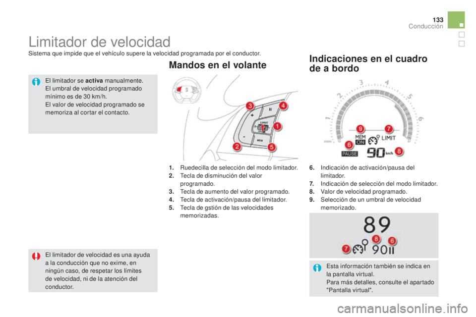 CITROEN DS5 2015 Manuales de Empleo (in Spanish) 133
DS5_es_Chap04_conduite_ed01-2015
6. Indicación de activación/pausa del
limitador.
7.
I
ndicación de selección del modo limitador.
8.
V
alor de velocidad programado.
9.
Sel
ec CITROEN DS5 2015 Manuales de Empleo (in Spanish) 133
DS5_es_Chap04_conduite_ed01-2015
6. Indicación de activación/pausa del
limitador.
7.
I
ndicación de selección del modo limitador.
8.
V
alor de velocidad programado.
9.
Sel
ec