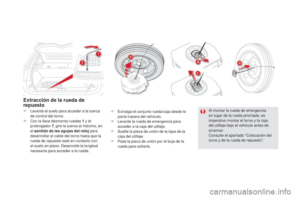 CITROEN DS5 2015  Manuales de Empleo (in Spanish) DS5_es_Chap08_info-pratiques_ed01-2015
Extracción de la rueda de 
repuesto
F Levante el suelo para acceder a la tuerca de control del torno.
F
 
C
 on la llave desmonta-ruedas 1   y el 
prolongador 7