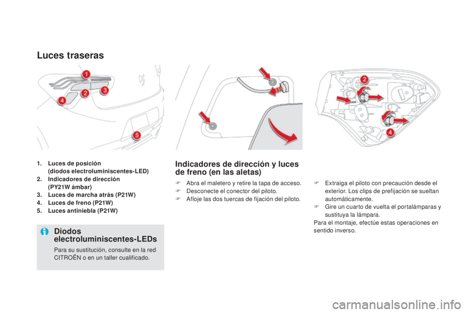 CITROEN DS5 2015  Manuales de Empleo (in Spanish) DS5_es_Chap08_info-pratiques_ed01-2015
1. Luces de posición  (
diodos electroluminiscentes-LED)
2.
  ind

icadores de dirección  
(PY21W ámbar)
3.
 L

uces de marcha atrás (P21W)
4.
 L

uces de fr