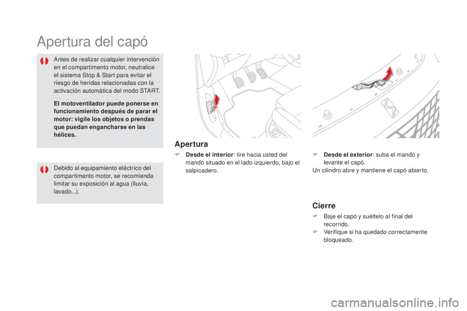 CITROEN DS5 2015  Manuales de Empleo (in Spanish) DS5_es_Chap09_verifications_ed01-2015
Apertura del capó
Apertura
F Desde el interior: tire hacia usted del 
mando situado en el lado izquierdo, bajo el 
salpicadero.
Antes de realizar cualquier inter