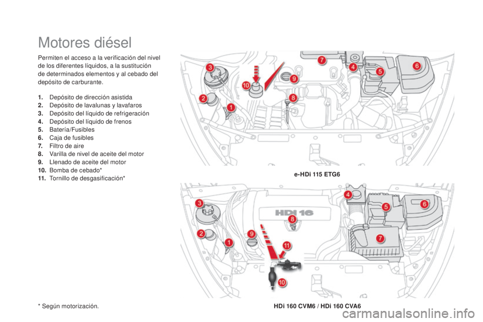 CITROEN DS5 2015  Manuales de Empleo (in Spanish) DS5_es_Chap09_verifications_ed01-2015
Permiten el acceso a la verificación del nivel 
de los diferentes líquidos, a la sustitución 
de determinados elementos y al cebado del 
depósito de carburant