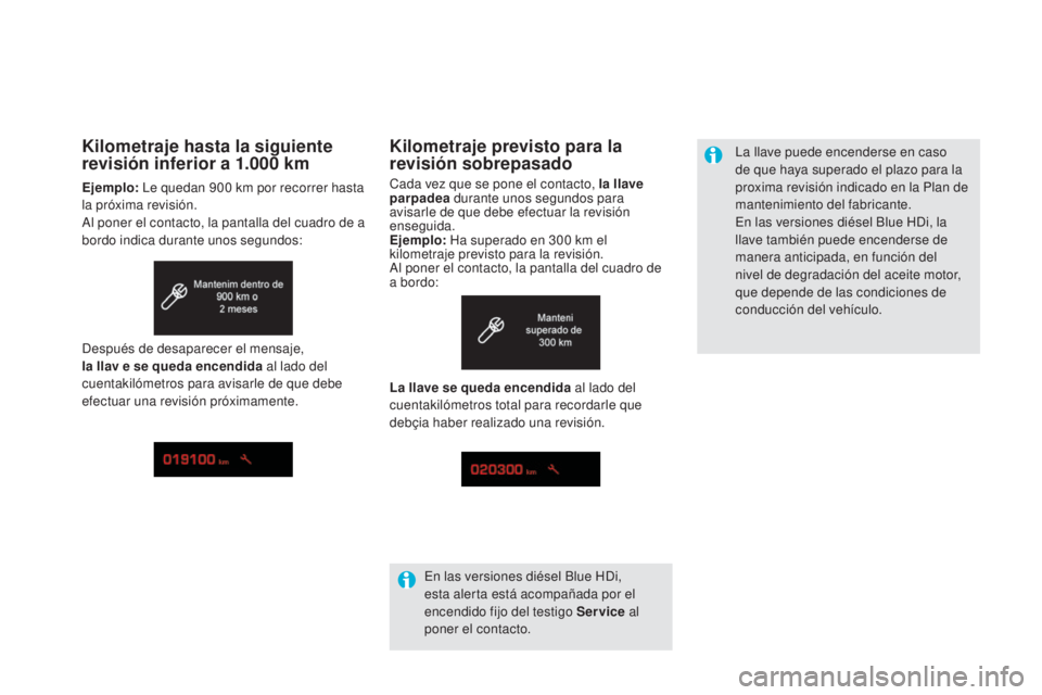 CITROEN DS5 2015 Manuales de Empleo (in Spanish) DS5_es_Chap01_controle-de-marche_ed01-2015
Kilometraje previsto para la
revisión sobrepasado
Cada vez que se pone el contacto, la llave
parpadea durante unos segundos para
avisarle de que debe efe CITROEN DS5 2015 Manuales de Empleo (in Spanish) DS5_es_Chap01_controle-de-marche_ed01-2015
Kilometraje previsto para la
revisión sobrepasado
Cada vez que se pone el contacto, la llave
parpadea durante unos segundos para
avisarle de que debe efe