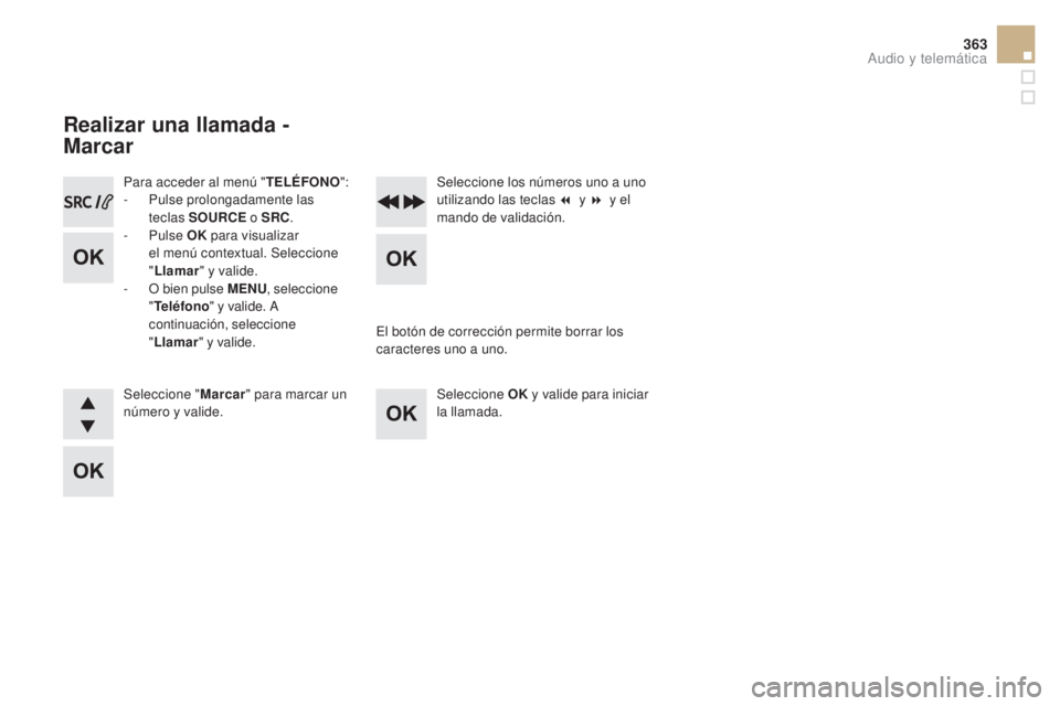CITROEN DS5 2015  Manuales de Empleo (in Spanish) 363
DS5_es_Chap11d_RD5_ed01-2015
Para acceder al menú "TELÉFONO":
-  P ulse prolongadamente las 
teclas SO
uRC

E o SRC .
-
  Pulse  OK para visualizar  
el menú contextual. Seleccione  
&#