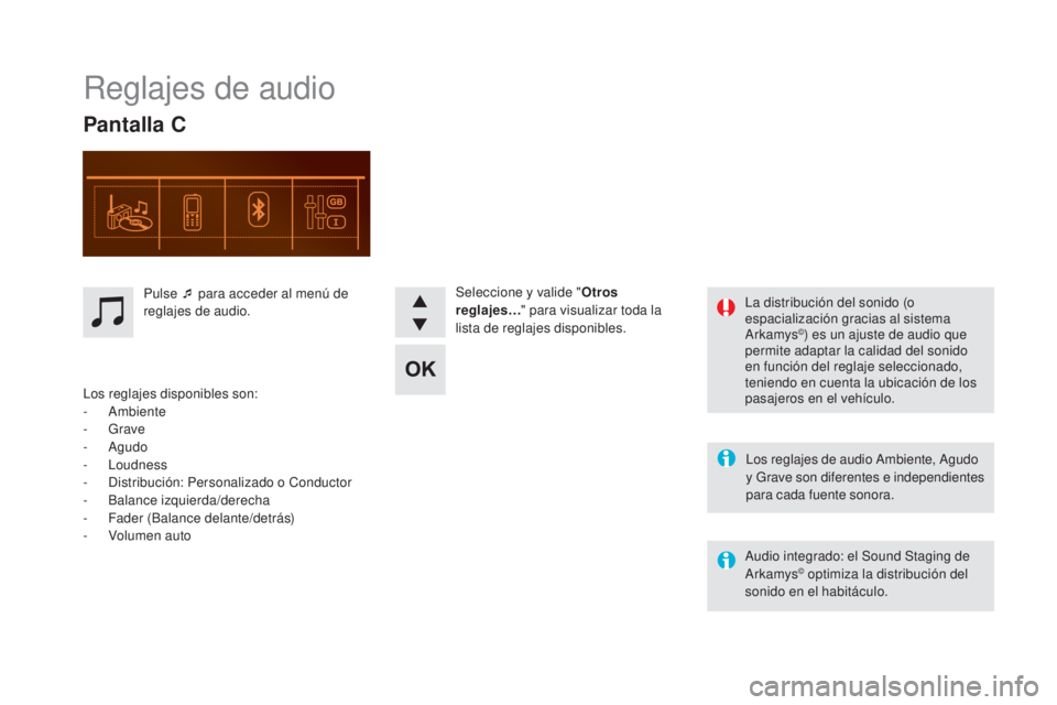 CITROEN DS5 2015  Manuales de Empleo (in Spanish) DS5_es_Chap11d_RD5_ed01-2015
Reglajes de audio
Pantalla C
Los reglajes de audio Ambiente, Agudo 
y Grave son diferentes e independientes 
para cada fuente sonora.
Audio integrado: el Sound Staging de 