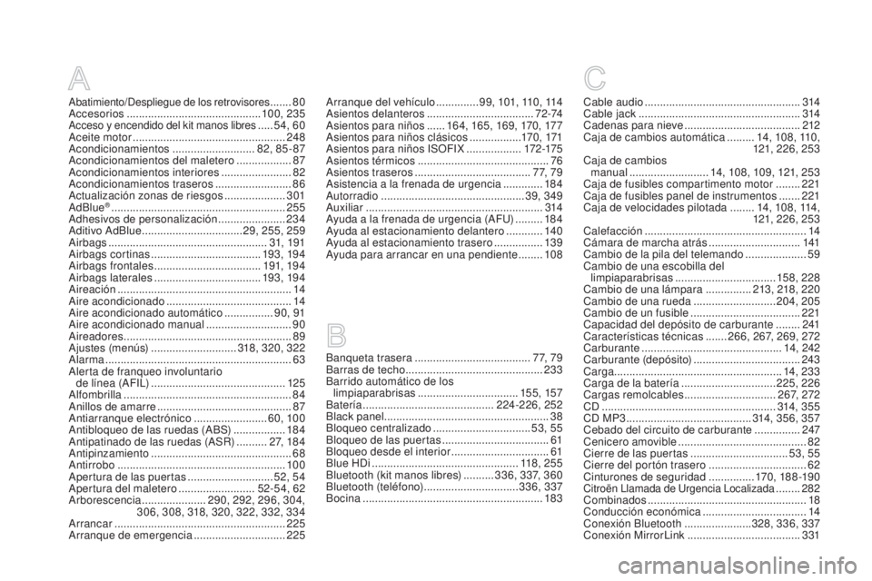 CITROEN DS5 2015 Manuales de Empleo (in Spanish) DS5_es_Chap12_index-recherche_ed01-2015
Abatimiento/Despliegue de los retrovisores .......80
A
ccesorios
............................................ 10 0, 235
Acceso y encendido del kit manos libres CITROEN DS5 2015 Manuales de Empleo (in Spanish) DS5_es_Chap12_index-recherche_ed01-2015
Abatimiento/Despliegue de los retrovisores .......80
A
ccesorios
............................................ 10 0, 235
Acceso y encendido del kit manos libres