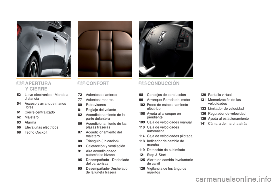 CITROEN DS5 2015 Manuales de Empleo (in Spanish) 002003004
DS5_es_Chap00a_sommaire_ed01-2015
CONFORTA
PERTuR
A
Y C
iE
RRE CONDuC
Ci ó N
72 Asientos delanteros
77
A
sientos traseros
80
Retrovisores
81
R
eglaje del volante
82
A
condicionam CITROEN DS5 2015 Manuales de Empleo (in Spanish) 002003004
DS5_es_Chap00a_sommaire_ed01-2015
CONFORTA
PERTuR
A
Y C
iE
RRE CONDuC
Ci ó N
72 Asientos delanteros
77
A
sientos traseros
80
Retrovisores
81
R
eglaje del volante
82
A
condicionam