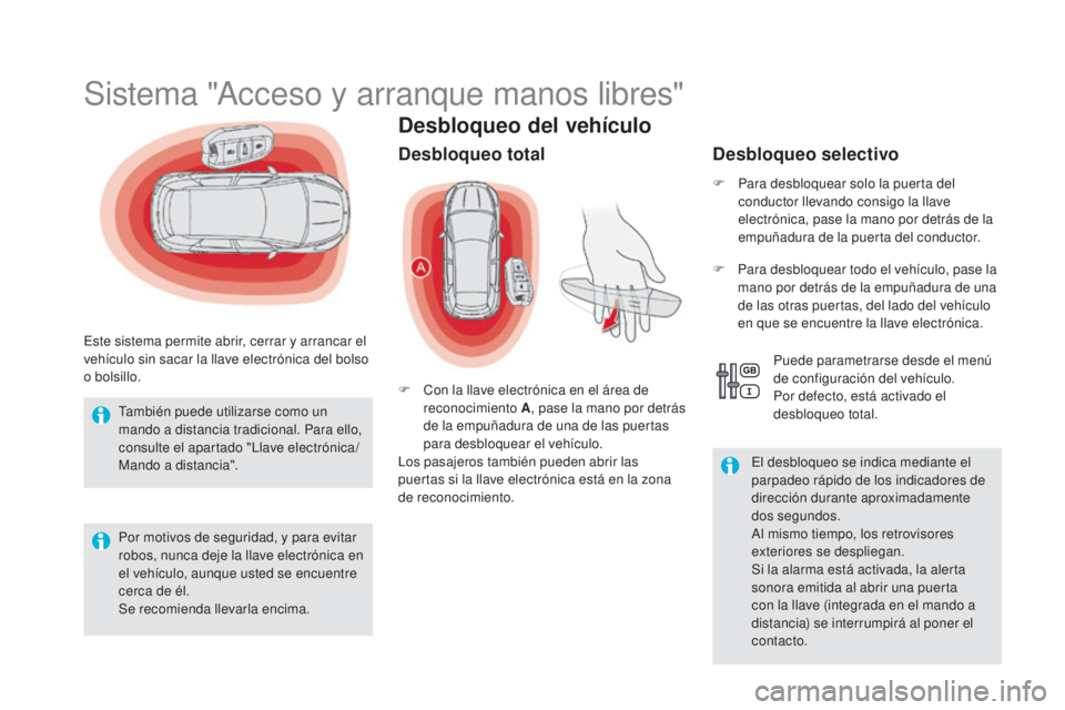 CITROEN DS5 2015 Manuales de Empleo (in Spanish) DS5_es_Chap02_ouvertures_ed01-2015
Desbloqueo del vehículo
Sistema "Acceso y arranque manos libres"
Este sistema permite abrir, cerrar y arrancar el
vehículo sin sacar la llave electrónica CITROEN DS5 2015 Manuales de Empleo (in Spanish) DS5_es_Chap02_ouvertures_ed01-2015
Desbloqueo del vehículo
Sistema "Acceso y arranque manos libres"
Este sistema permite abrir, cerrar y arrancar el
vehículo sin sacar la llave electrónica