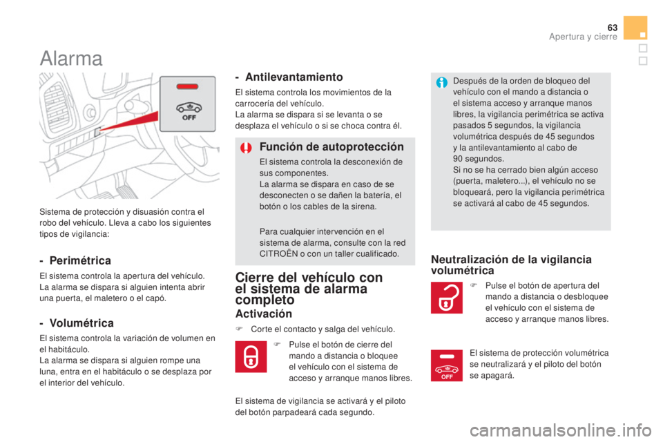 CITROEN DS5 2015 Manuales de Empleo (in Spanish) OFF
63
DS5_es_Chap02_ouvertures_ed01-2015
Sistema de protección y disuasión contra el
robo del vehículo. Lleva a cabo los siguientes
tipos de vigilancia:
Alarma
- Perimétrica
El sistema control CITROEN DS5 2015 Manuales de Empleo (in Spanish) OFF
63
DS5_es_Chap02_ouvertures_ed01-2015
Sistema de protección y disuasión contra el
robo del vehículo. Lleva a cabo los siguientes
tipos de vigilancia:
Alarma
- Perimétrica
El sistema control