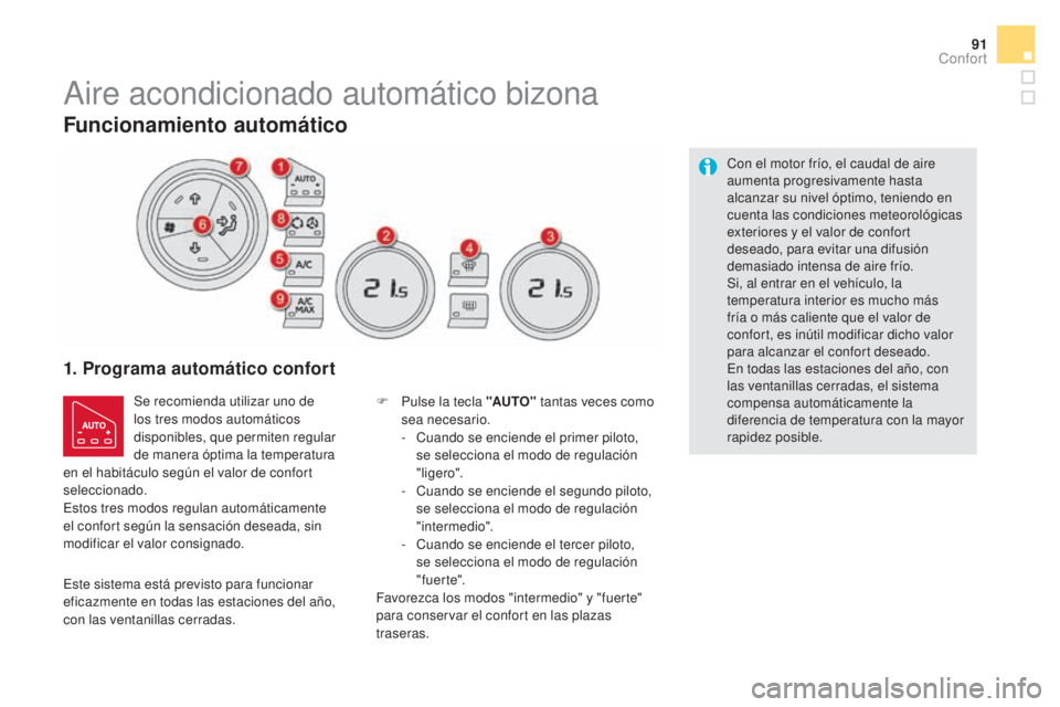 CITROEN DS5 2015 Manuales de Empleo (in Spanish) 91
DS5_es_Chap03_confort_ed01-2015
Aire acondicionado automático bizona
1. Programa automático confort
Se recomienda utilizar uno de
los tres modos automáticos
disponibles, que permiten regular
CITROEN DS5 2015 Manuales de Empleo (in Spanish) 91
DS5_es_Chap03_confort_ed01-2015
Aire acondicionado automático bizona
1. Programa automático confort
Se recomienda utilizar uno de
los tres modos automáticos
disponibles, que permiten regular