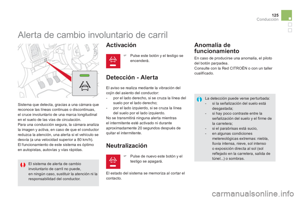 CITROEN DS5 2013  Manuales de Empleo (in Spanish) 125
Conducción
   
 
 
 
 
Alerta de cambio involuntario de carril 
 Sistema que detecta, gracias a una cámara que 
reconoce las líneas continuas o discontinuas, 
el cruce involuntario de una marca