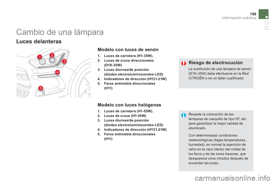 CITROEN DS5 2013  Manuales de Empleo (in Spanish) 199Información práctica
   
 
 
 
 
 
 
 
 
 
 
Cambio de una lámpara 
Luces delanteras 
Modelo con luces de xenón 
1.Luces de carretera (H1- 35W).2.Luces de cruce direccionales
(D1S-35W)3.Luces d