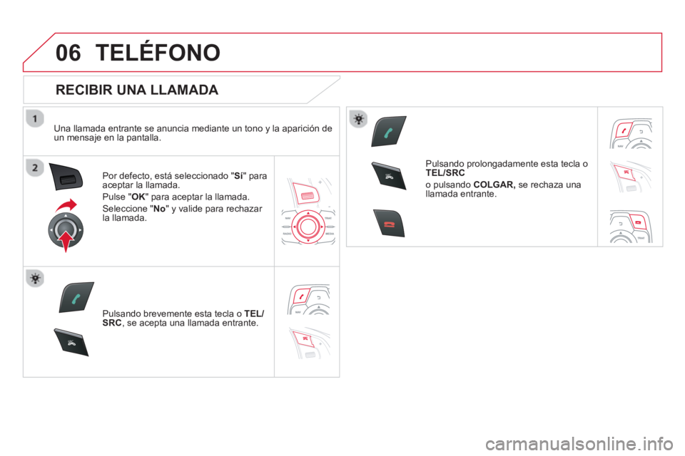 CITROEN DS5 2013  Manuales de Empleo (in Spanish) 06
SR
C
SR
C
TELÉFONO
   
RECIBIR UNA LLAMADA 
 
 
Una llamada entrante se anuncia mediante un tono y la aparición de un mensaje en la pantalla.  
Por de
fecto, está seleccionado "Sí  " para 
acep