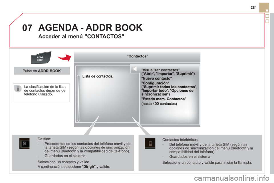 CITROEN DS5 2013  Manuales de Empleo (in Spanish) 07
281
  AGENDA - ADDR BOOK
 
 
Acceder al menú "CONTACTOS" 
""""""""""sua a co tactosVisualizar contactosVisualizar contactosVisualizar contactosVisualizar contactosVisualizar contactosVisualizar co