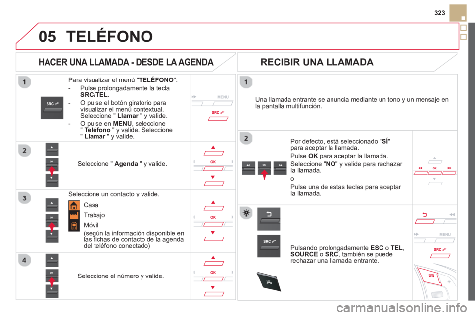 CITROEN DS5 2013  Manuales de Empleo (in Spanish)  
  
05
SRC
323
TELÉFONO
Para visualizar el menú " TELÉFONO 
": 
-  Pulse prolon
gadamente la tecla
SRC/TEL. 
-  
O pulse el botón giratorio para
visualizar el menú contextual. Seleccione " Llama
