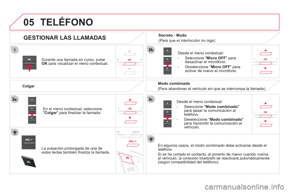 CITROEN DS5 2013  Manuales de Empleo (in Spanish)  
05
SRC
TELÉFONO
Durante una llamada en curso, pulse
OK 
 para visualizar el menú contextual.
   
Col
gar 
   
D
esde el menú contextual: 
   
-  
Seleccione " Modo combinado"
para pasar la comuni