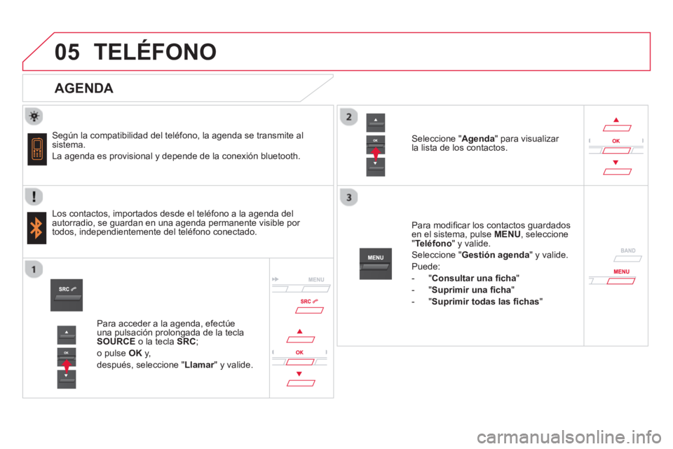 CITROEN DS5 2013  Manuales de Empleo (in Spanish)  
   
 
 
05TELÉFONO
   
AGENDA 
 
 Según la compatibilidad del teléfono, la agenda se transmite al sistema. 
  La a
genda es provisional y depende de la conexión bluetooth.  
   
Los contactos, i