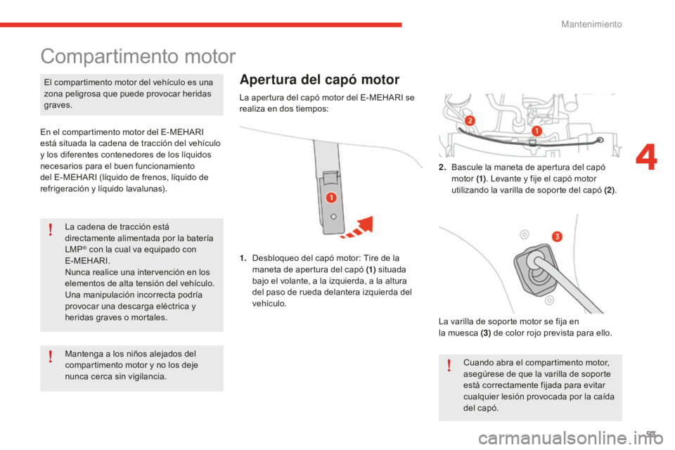 CITROEN E-MEHARI 2017  Manuales de Empleo (in Spanish) 53
e-mehari_es_Chap04_entretien_ed02-2016
La cadena de tracción está 
directamente alimentada por la batería 
LMP
® con la cual va equipado con 
E-MEHARI.
Nunca realice una intervención en los 
e