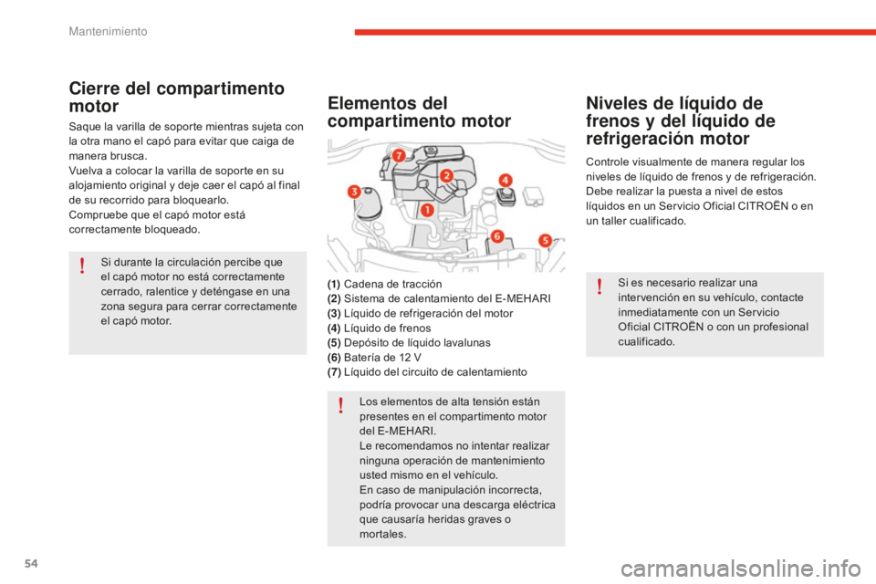 CITROEN E-MEHARI 2017  Manuales de Empleo (in Spanish) 54
e-mehari_es_Chap04_entretien_ed02-2016
Si durante la circulación percibe que 
el capó motor no está correctamente 
cerrado, ralentice y deténgase en una 
zona segura para cerrar correctamente 
