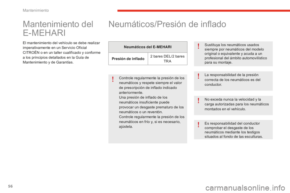 CITROEN E-MEHARI 2017  Manuales de Empleo (in Spanish) 56
e-mehari_es_Chap04_entretien_ed02-2016
Mantenimiento del 
E-MEHARI
El mantenimiento del vehículo se debe realizar 
imperativamente en un Servicio Oficial 
CITROËN o en un taller cualificado y con