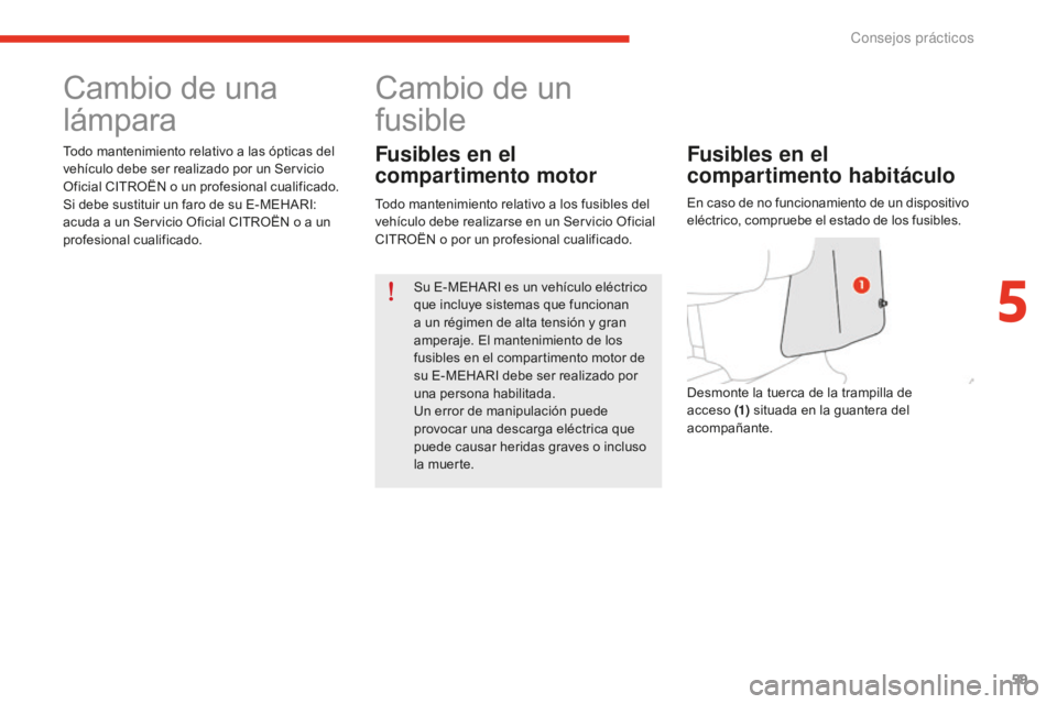 CITROEN E-MEHARI 2017  Manuales de Empleo (in Spanish) 59
e-mehari_es_Chap05_conseils-pratiques_ed02-2016
Cambio de una 
lámpara
Todo mantenimiento relativo a las ópticas del 
vehículo debe ser realizado por un Servicio 
Oficial CITROËN o un profesion