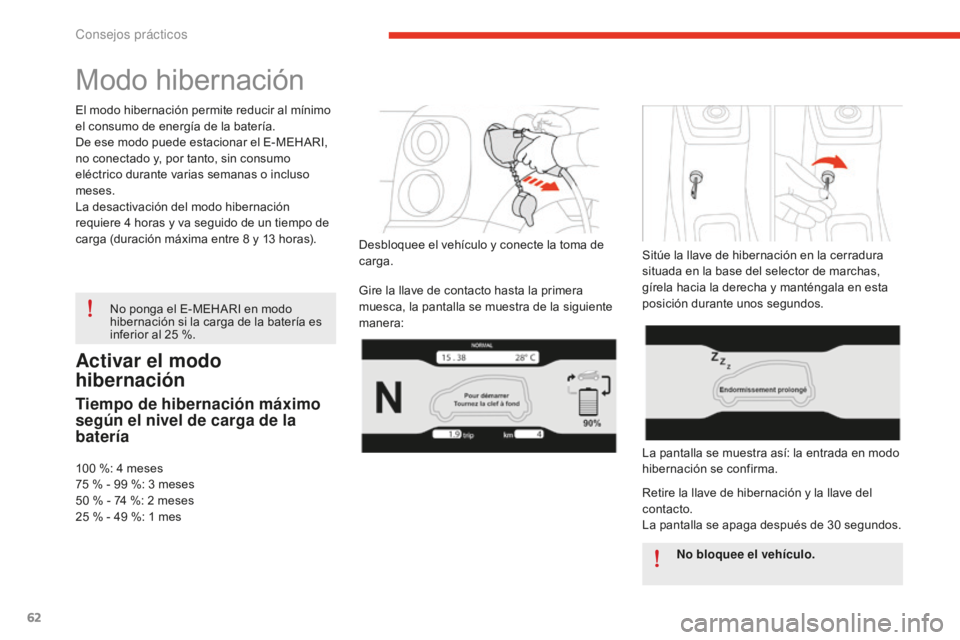 CITROEN E-MEHARI 2017  Manuales de Empleo (in Spanish) 62
e-mehari_es_Chap05_conseils-pratiques_ed02-2016
Activar el modo 
hibernación
Tiempo de hibernación máximo 
según el nivel de carga de la 
batería
100 %: 4 meses
75 % - 9 9 % : 3 m eses
50
 % -