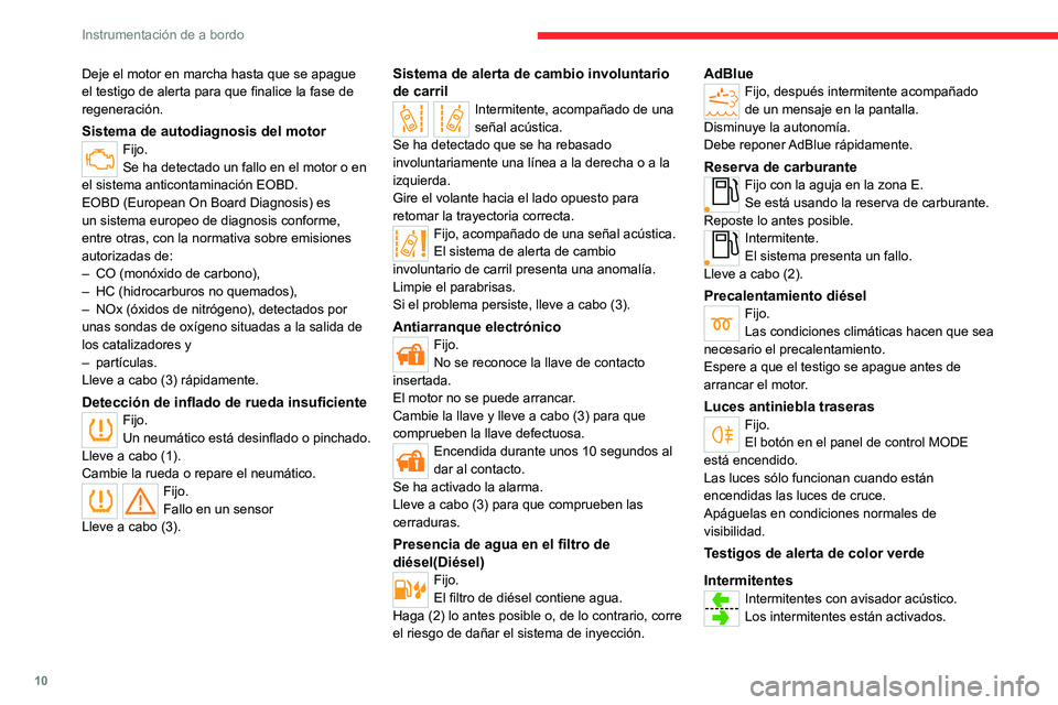 CITROEN JUMPER 2020 Manuales de Empleo (in Spanish) 10
Instrumentación de a bordo
Deje el motor en marcha hasta que se apague
el testigo de alerta para que finalice la fase de
regeneración.
Sistema de autodiagnosis del motorFijo.
Se ha detectado un CITROEN JUMPER 2020 Manuales de Empleo (in Spanish) 10
Instrumentación de a bordo
Deje el motor en marcha hasta que se apague
el testigo de alerta para que finalice la fase de
regeneración.
Sistema de autodiagnosis del motorFijo.
Se ha detectado un