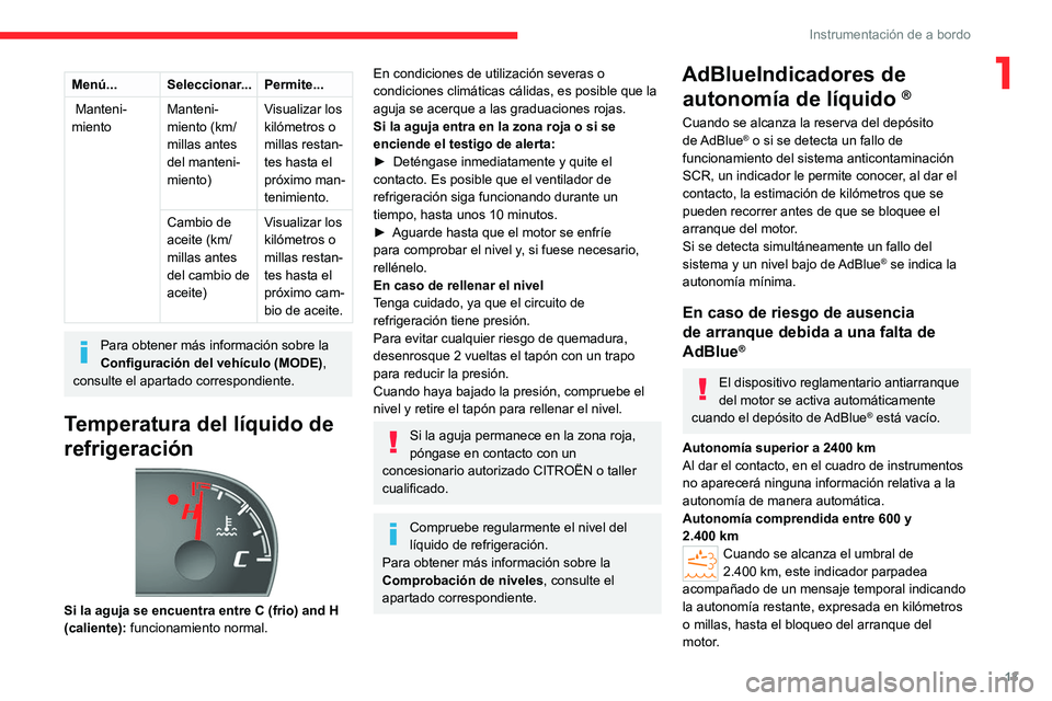 CITROEN JUMPER 2020 Manuales de Empleo (in Spanish) 13
Instrumentación de a bordo
1Menú...Seleccionar... Permite...
Manteni-
miento Manteni-
miento (km/
millas antes
del manteni -
miento) Visualizar los
kilómetros o
millas restan -
tes hasta el CITROEN JUMPER 2020 Manuales de Empleo (in Spanish) 13
Instrumentación de a bordo
1Menú...Seleccionar... Permite...
Manteni-
miento Manteni-
miento (km/
millas antes
del manteni -
miento) Visualizar los
kilómetros o
millas restan -
tes hasta el