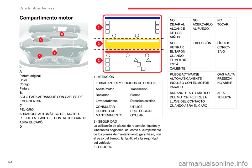 CITROEN JUMPER 2020 Manuales de Empleo (in Spanish) 144
Características Técnicas
Compartimento motor
A
Pintura original
Color
Código
Pintura
B.
SOLO PARA ARRANQUE CON CABLES DE
EMERGENCIA
C
PELIGRO
ARRANQUE AUTOMÁTICO DEL MOTOR.
RETIRE LA LLAV CITROEN JUMPER 2020 Manuales de Empleo (in Spanish) 144
Características Técnicas
Compartimento motor
A
Pintura original
Color
Código
Pintura
B.
SOLO PARA ARRANQUE CON CABLES DE
EMERGENCIA
C
PELIGRO
ARRANQUE AUTOMÁTICO DEL MOTOR.
RETIRE LA LLAV