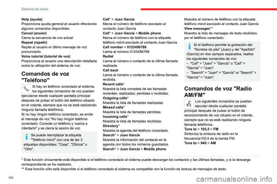 CITROEN JUMPER 2020 Manuales de Empleo (in Spanish) 166
Sistema de audio
Sintoniza la emisora de radio en la frecuencia
940 de la banda AM.
Tune to * > RNE > FM
Sintoniza la emisora RNE en la radio.
Comandos de voz
"Multimedia"
Los siguientes CITROEN JUMPER 2020 Manuales de Empleo (in Spanish) 166
Sistema de audio
Sintoniza la emisora de radio en la frecuencia
940 de la banda AM.
Tune to * > RNE > FM
Sintoniza la emisora RNE en la radio.
Comandos de voz
"Multimedia"
Los siguientes