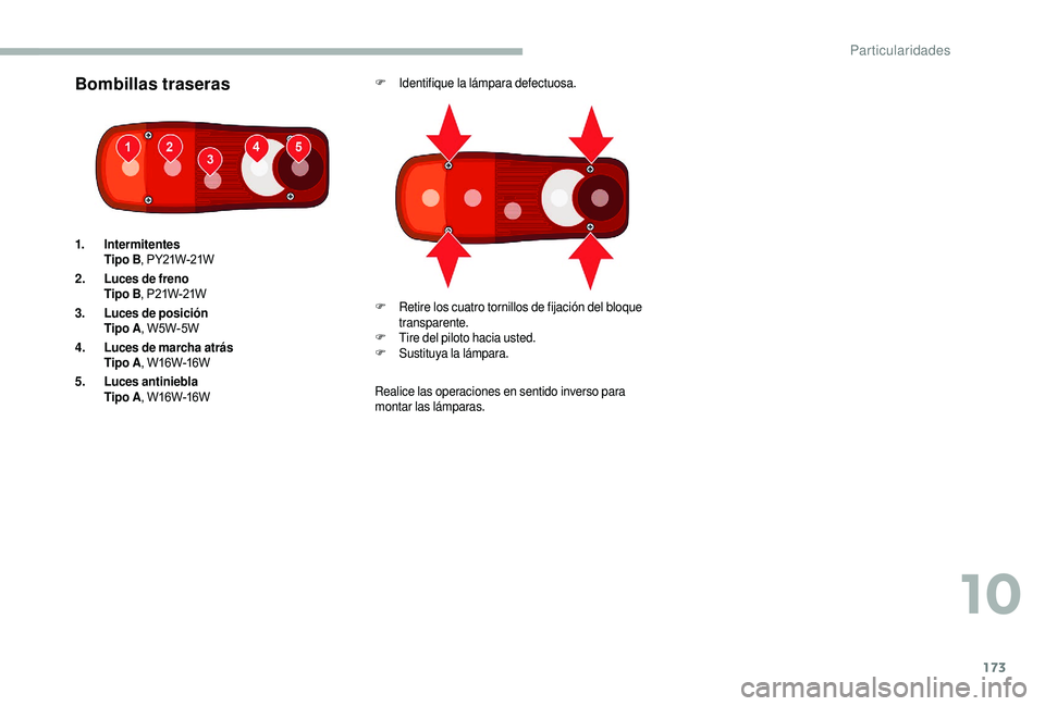 CITROEN JUMPER 2019  Manuales de Empleo (in Spanish) 173
Bombillas traserasF Identifique la lámpara defectuosa.
Realice las operaciones en sentido inverso para 
montar las lámparas.
1.
Intermitentes
Tipo B , PY21W-21W
2. Luces de freno
Tipo B , P21W-2