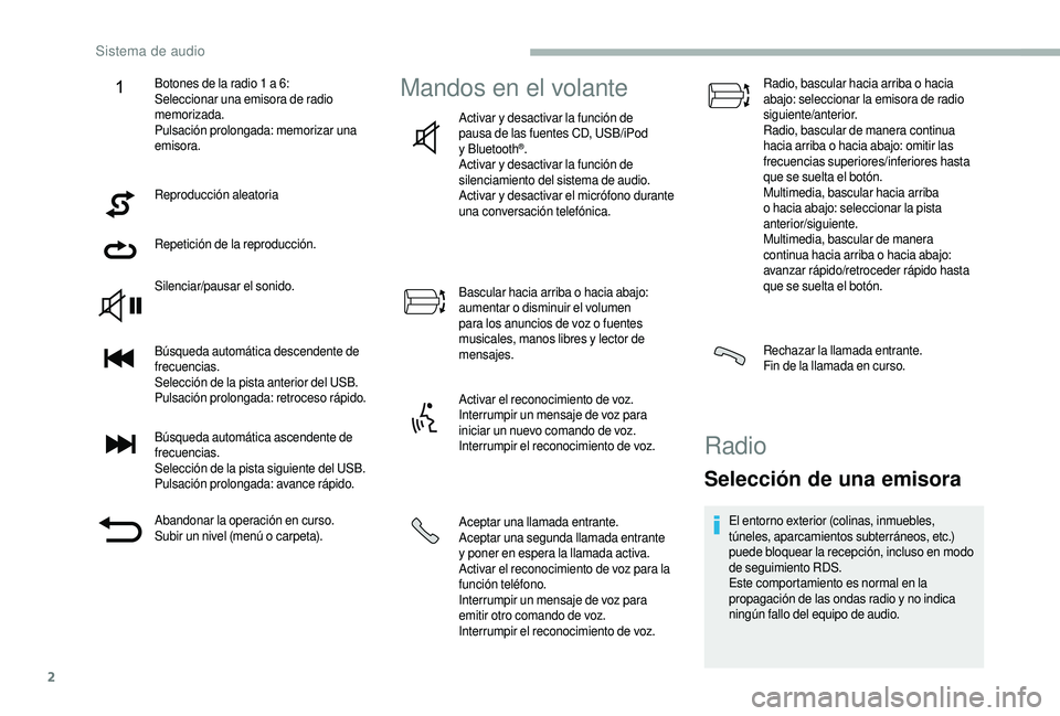CITROEN JUMPER 2019 Manuales de Empleo (in Spanish) 2
Reproducción aleatoria
Repetición de la reproducción.
Silenciar/pausar el sonido.
Búsqueda automática descendente de
frecuencias.
Selección de la pista anterior del USB.
Pulsación prolongada CITROEN JUMPER 2019 Manuales de Empleo (in Spanish) 2
Reproducción aleatoria
Repetición de la reproducción.
Silenciar/pausar el sonido.
Búsqueda automática descendente de
frecuencias.
Selección de la pista anterior del USB.
Pulsación prolongada