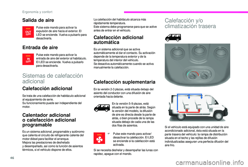 CITROEN JUMPER 2019 Manuales de Empleo (in Spanish) 46
Salida de aire
Pulse este mando para activar la
expulsión de aire hacia el exterior. El
LED se enciende. Vuelva a pulsarlo para
desactivarla.
Entrada de aire
Pulse este mando para activar la
CITROEN JUMPER 2019 Manuales de Empleo (in Spanish) 46
Salida de aire
Pulse este mando para activar la
expulsión de aire hacia el exterior. El
LED se enciende. Vuelva a pulsarlo para
desactivarla.
Entrada de aire
Pulse este mando para activar la