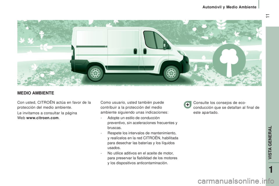 CITROEN JUMPER 2017  Manuales de Empleo (in Spanish)  11
Automóvil y Medio Ambiente
Jumper_es_Chap01_vue-ensemble_ed01-2016
MEDIO AMBIENTE
Con usted, CITROËN actúa en favor de la 
protección del medio ambiente.
Le invitamos a consultar la página  
