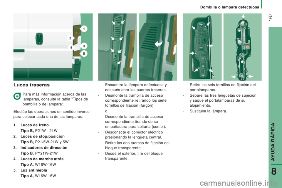 CITROEN JUMPER 2017 Manuales de Empleo (in Spanish) 167
Bombilla o lámpara defectuosa
Jumper_es_Chap08_Aide-Rapide_ed01-2016
Luces traseras
Efectúe las operaciones en sentido inverso
para colocar cada una de las lámparas.
1.
Luces de freno
T
CITROEN JUMPER 2017 Manuales de Empleo (in Spanish) 167
Bombilla o lámpara defectuosa
Jumper_es_Chap08_Aide-Rapide_ed01-2016
Luces traseras
Efectúe las operaciones en sentido inverso
para colocar cada una de las lámparas.
1.
Luces de freno
T