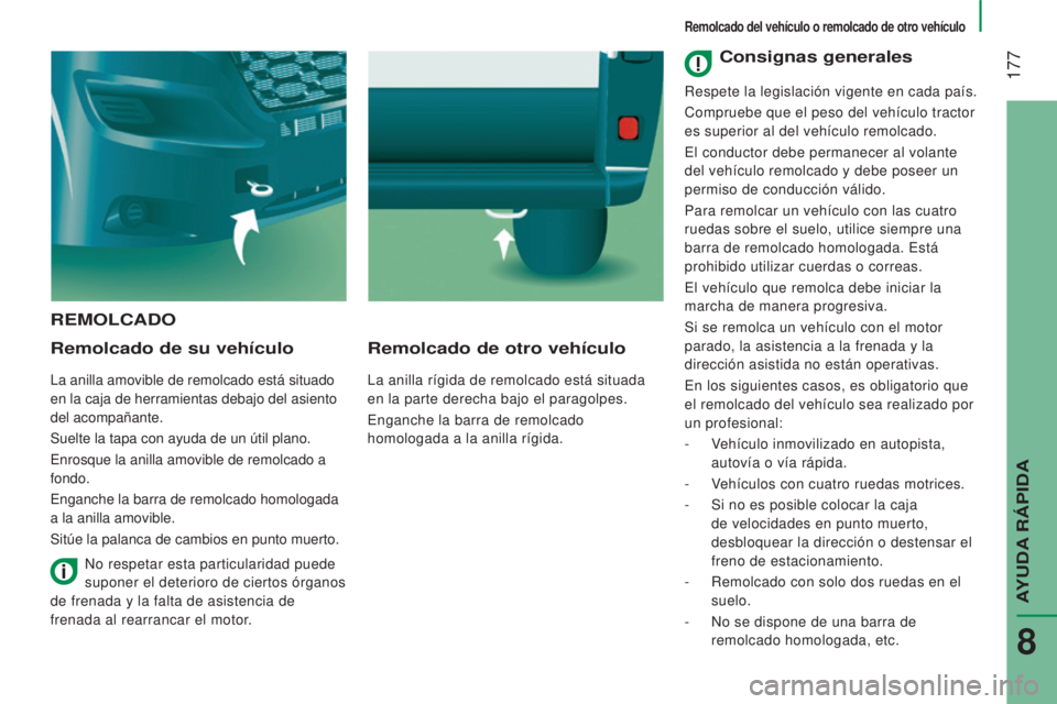 CITROEN JUMPER 2017 Manuales de Empleo (in Spanish) 177
Jumper_es_Chap08_Aide-Rapide_ed01-2016
REMOLCADO
Remolcado de su vehículo
La anilla amovible de remolcado está situado
en la caja de herramientas debajo del asiento
del acompañante.
Suelte l CITROEN JUMPER 2017 Manuales de Empleo (in Spanish) 177
Jumper_es_Chap08_Aide-Rapide_ed01-2016
REMOLCADO
Remolcado de su vehículo
La anilla amovible de remolcado está situado
en la caja de herramientas debajo del asiento
del acompañante.
Suelte l