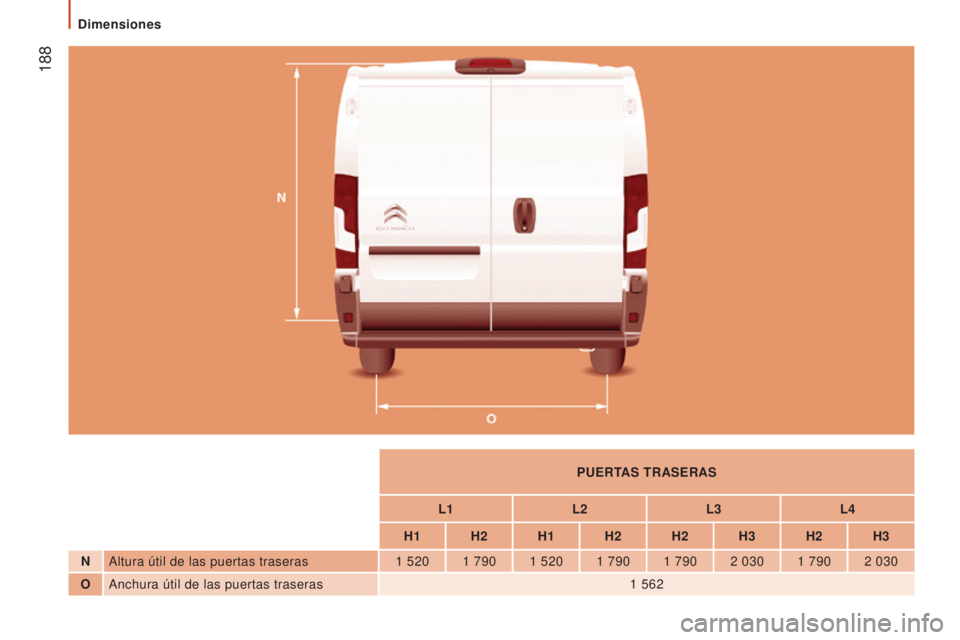 CITROEN JUMPER 2017  Manuales de Empleo (in Spanish)  188
Jumper_es_Chap09_Caracteristiques-Techniques_ed01-2016
PUERTAS TRASERAS
L1 L2L3L4
H1 H2 H1 H2 H2 H3 H2 H3
N Altura útil de las puertas traseras 1
 
520 1
 
790 1
 
520 1   790 1   790 2   030 1 